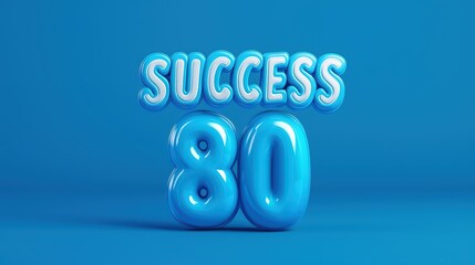 A vibrant 3D rendering showcasing the word 'SUCCESS' and the number '80' in glossy blue against a blue background.