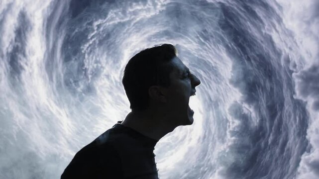 Silhouette Man Looking Up Swirling Clouds Mystical Portal Dream Imagination Time Loop