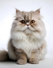 Persian cat sitting elegantly on a white background with fluffy fur and bright eyes