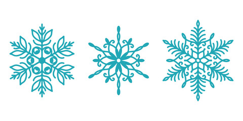 Beautiful snowflakes set, detailed hand drawn flat vector line illustration. Graphic outline drawing. Christmas and New Year symbol. Unique snowflake silhouette icon for frosty winter designs.