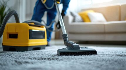 professional carpet cleaning service in action, showcasing vacuum cleaner on plush carpet. scene conveys sense of cleanliness and care for home interiors