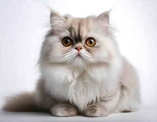 Persian cat sitting elegantly on a white background with fluffy fur and bright eyes