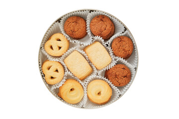 Cookies set in a metal box. Sweet dessert for holiday. Isolated on white background. Variety of biscuit. Top view.