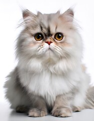 Persian cat sitting elegantly on a white background with fluffy fur and bright eyes