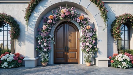 Wedding round flower arch for the exit ceremony of marriage registration on the natural background