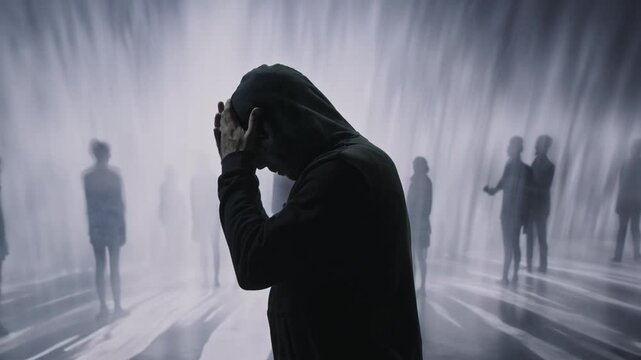 Silhouette Man Expressing Mental Anguish Surrounded By Blurred Crowd Depression Anxiety Loneliness