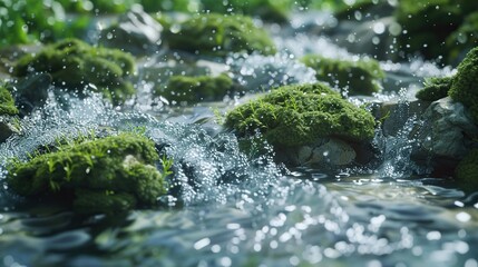 Fototapeta premium A detailed close-up of a freshwater stream with moss-covered rocks, small fish darting through the water, and aquatic plants swaying gently with the current