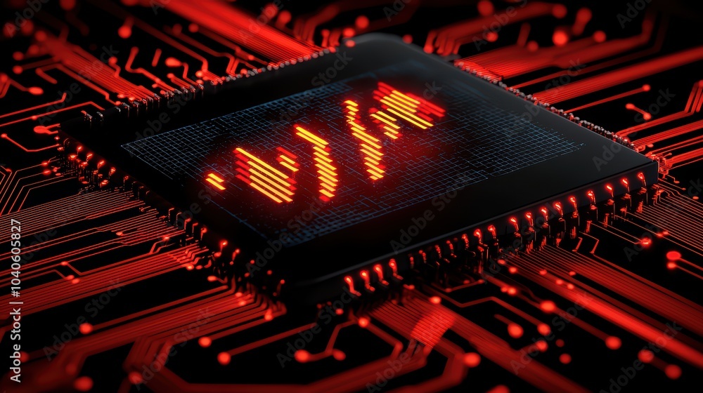 Poster abstract close-up of a microchip on a circuit board with red glowing patterns.