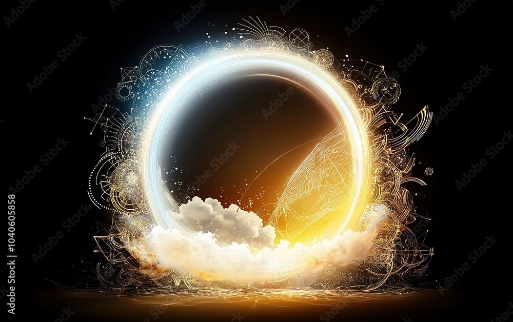 Aufkleber abstract design featuring a glowing circle with clouds and intricate patterns illuminated by warm an