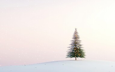 A solitary Christmas tree adorned with lights in a snowy landscape at twilight, capturing the essence of winter festivities
