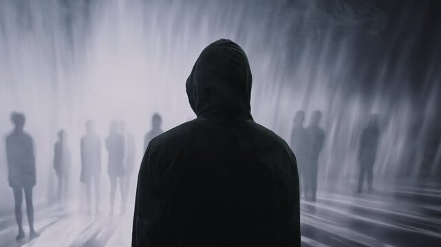 Hooded Man Watches Shadowy Crowd In Misty Atmospheric Scene Mental Health Isolation Solitude