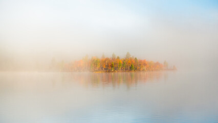 Fog over the finnish lake during cold morning hides the colorful golden trees in the background during autumn ruska session in Lapland evokes calm, cold, start of the day, solitude, peaceful, Finland