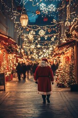 Obraz premium A festive evening stroll through a beautifully decorated holiday market with twinkling lights and a jolly figure in a red suit