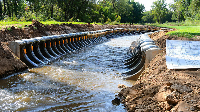urban flood control infrastructure during installation, engineering plans 