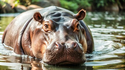 Fototapeta premium A large hippopotamus, a strong animal in the natural environment.
