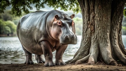 Naklejka premium A large hippopotamus, a strong animal in the natural environment.