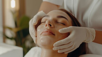 A cosmetic dermatologist performing a soothing facial treatment on a client in a serene clinic environment during daytime hours