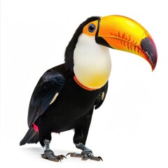 Naklejka premium A close-up of a toucan reveals its striking beak and bright plumage, beautifully highlighted by a gentle, pale backdrop.