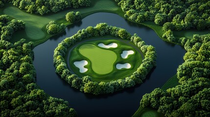 Aerial view of a golf course surrounded by a serene lake and lush trees in a picturesque landscape.