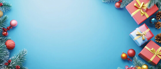 Festive Christmas Decorations with Presents and Ornaments on Blue Background, Festive Christmas Decorations with Presents and Ornaments on Blu