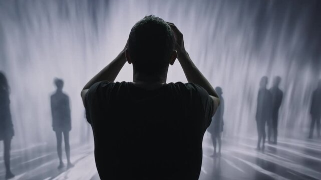 Silhouetted Man Facing Mysterious Crowd Mental Health Anxiety Depression Loneliness