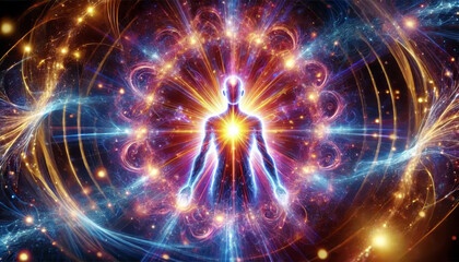 Illuminated human figure with radiant light and cosmic energy