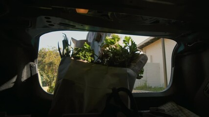 Woman is unloading fresh groceries from the boot of her car, carrying them into her home