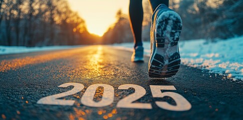 Athlete Running Towards a Glowing 2025 Sprinting Concept. Road at Dusk.