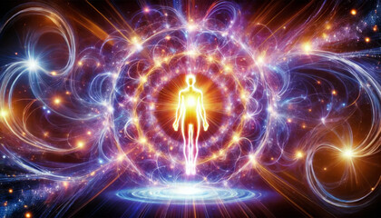 Fototapeta premium Glowing illuminated human figure surrounded by energetic light