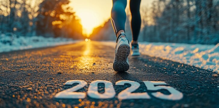Athlete Running Towards a Glowing 2025 Sprinting Concept. Road at Dusk. - Powered by Adobe