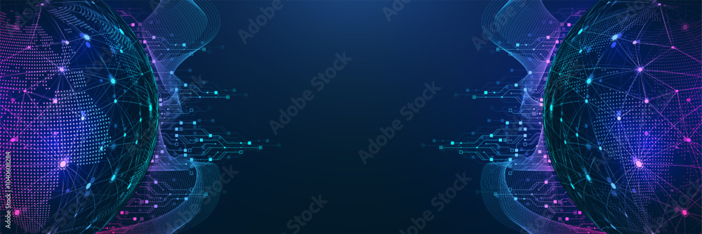 Poster Artificial Intelligence with circuit electric line style. Digital futuristic machine learning design. AI graphic design for website, banner, header, social media, mobile app, UI. Vector illustration