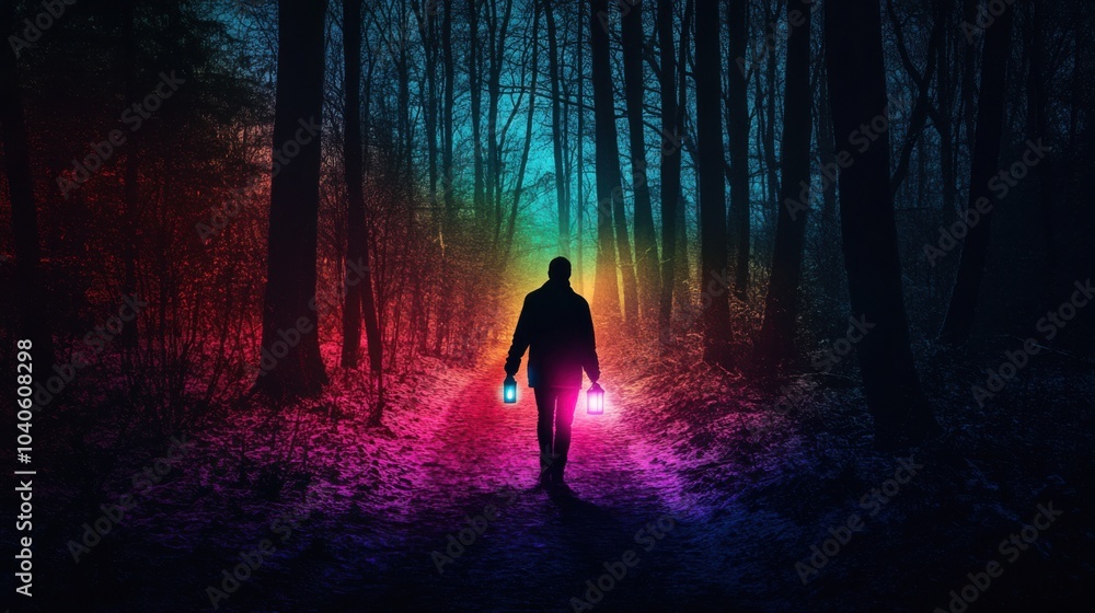 Poster A poignant shot of a person holding a lantern while walking through a dark forest, with the light revealing pathways of different colors representing diverse choices and paths in life, Lantern scene