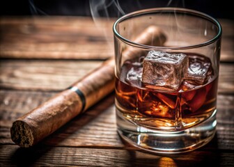 glass of whiskey and ice on brown background