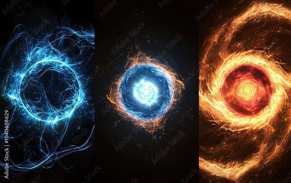 Poster dynamic representation of elemental forces with swirling blue, white, and red patterns on a dark bac