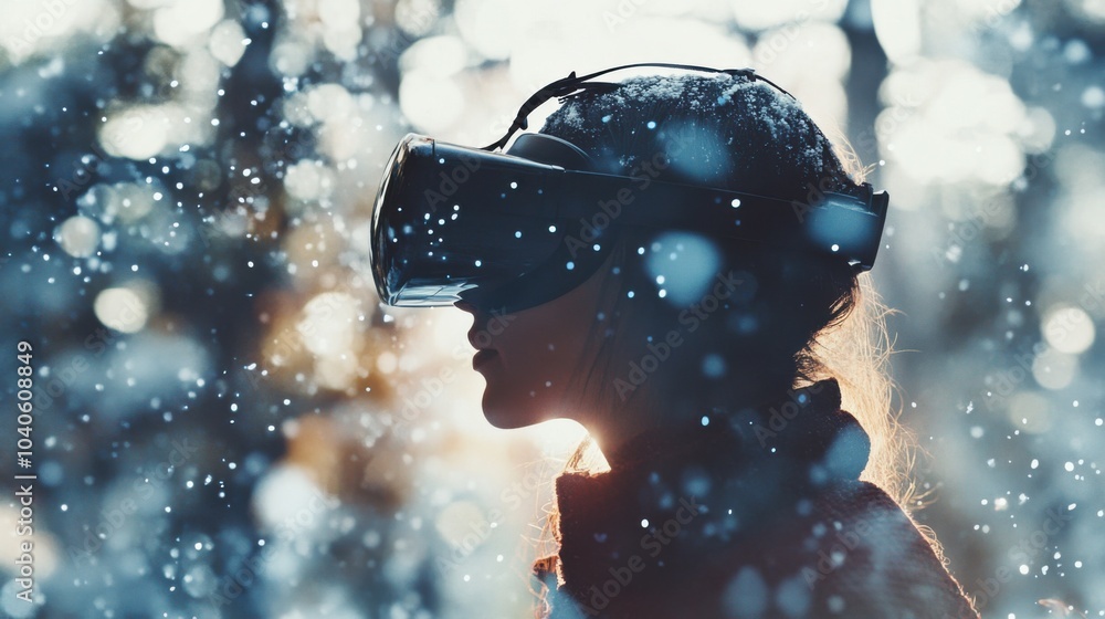 Poster a poignant visual of a person wearing vr goggles, with virtual reality merging seamlessly with the r