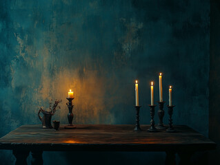 Rustic wooden table with several lit candles in antique candle holders, set against a dark, textured wall, creating a warm and moody atmosphere.