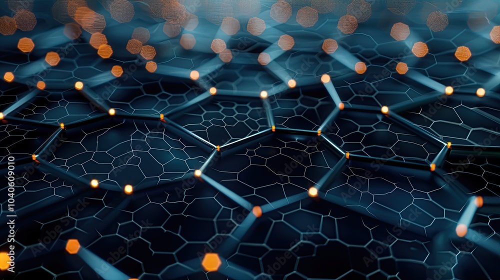 Poster a detailed image of a graphene sheet with its hexagonal carbon lattice, highlighting its strength an