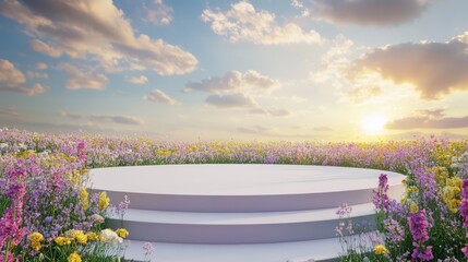Serene Sunset Stage in Flower Field