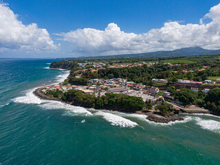 Aerial view of Basse-Pointe surf spot and the Church, Martinique, West Indies, France