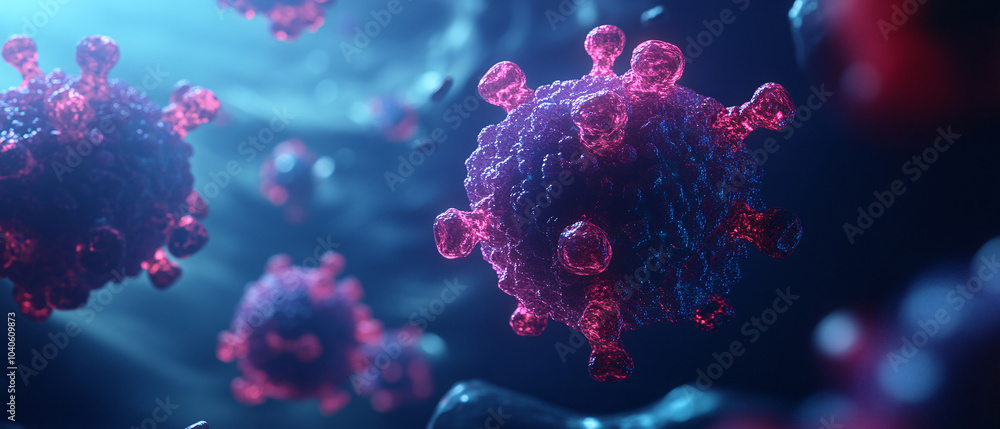 Poster microscopic view of a virus, 3d render of a virus particle