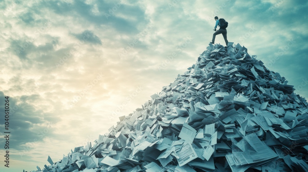 Poster a powerful depiction of a person scaling a mountain made of office paperwork and digital devices, sy