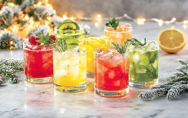 Fototapeta premium Colorful cocktails arranged on a marble surface with festive decorations, garnished with fresh fruits and herbs for a holiday gathering