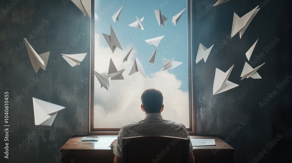 Poster a powerful depiction of a person sitting at a desk with paper planes representing different ambition