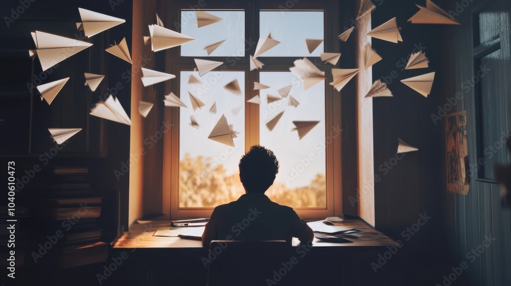 Poster a powerful depiction of a person sitting at a desk with paper planes representing different ambition