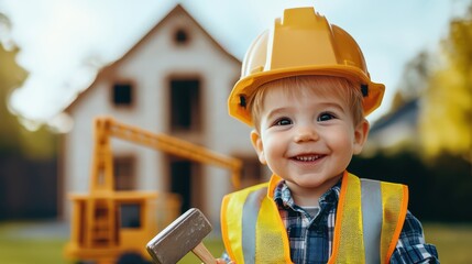 Cheerful child in construction gear smiling outdoors with tools and a house in the background.