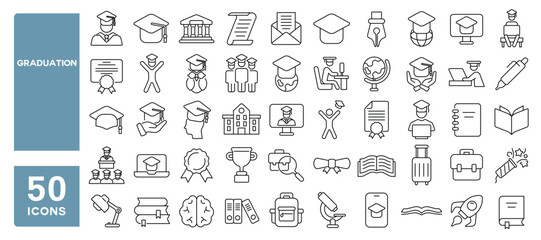 Set of 50 line icons related to graduation, cap, diploma, certificate, degree, university, institute, academy, qualification, scholarship, Editable stroke. Vector illustration