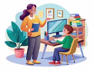 Teacher assisting a student at a desk with a computer in a bright classroom during a study session