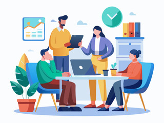 Team collaboration in a modern office during a brainstorming session with charts and laptops on a table