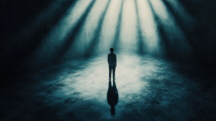 A powerful depiction of a person standing in a spotlight surrounded by shadows representing societal expectations and pressures