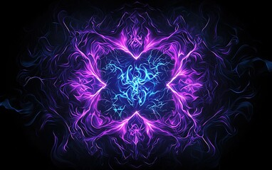 Vibrant abstract patterns of electric purple and blue light swirling against a black background create a mesmerizing visual experience